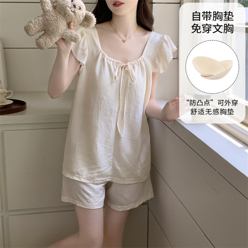 2026夏季新款女士卡通条纹背心吊带短裤可爱带胸垫睡衣家居服套装