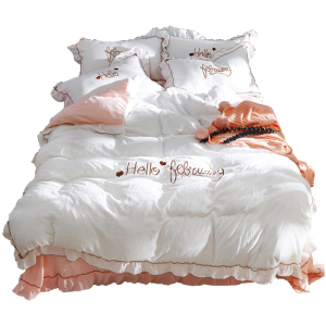 美帮汇床单四件套 甜美少女小仙女被套韩式水洗棉超柔带花边床裙 粉