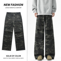 微喇迷彩牛仔裤子男女同款款工装休闲裤松紧腰男装宽松垂感拖地裤