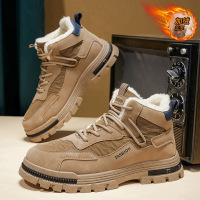 加绒工装马丁靴男冬季保暖雪地靴潮流中高帮男鞋户外防滑复古潮靴