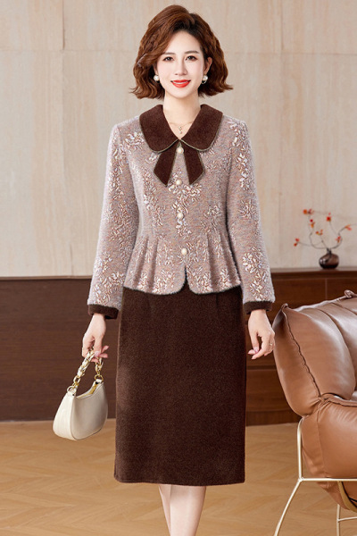 小香风妈妈冬装仿水貂绒连衣裙中老年阔太太秋冬款加厚裙子两件套