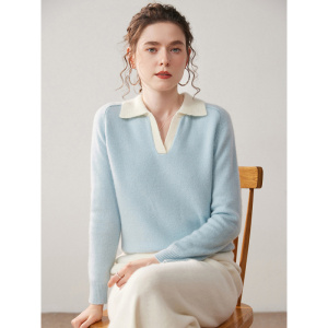 厂家拼色翻领慵懒风山羊绒衫女毛衣针织打底衫显瘦套头上衣