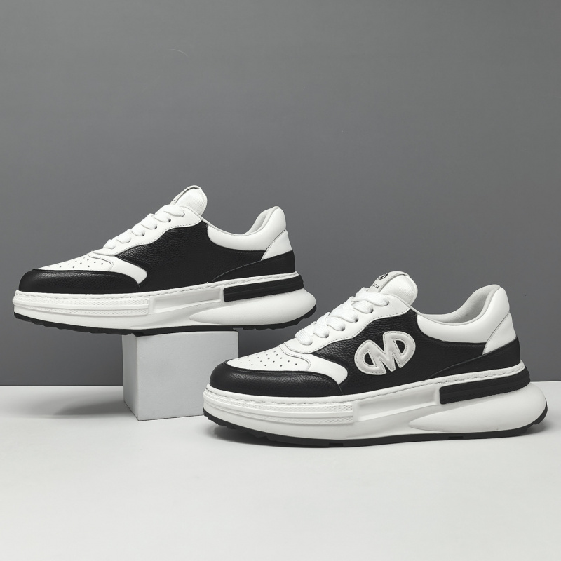 男生头层牛皮黑白厚底运动休闲鞋百搭透气板鞋男款潮鞋欧洲站男鞋