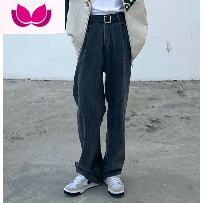 七斓美式复古高腰做旧宽松直筒拖地牛仔裤男款潮牌休闲高街长裤子