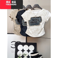 YIBUSHENG修身扎染牛仔贴布T恤女春2024新款休闲褶皱设计感百搭圆领上衣