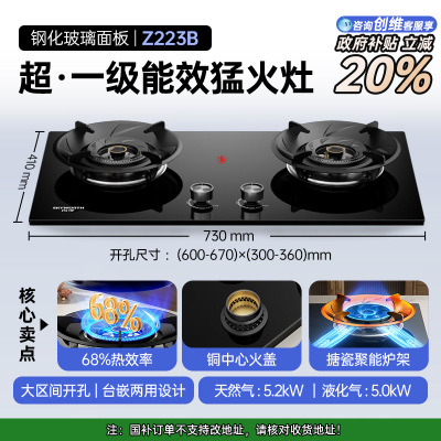 创维(Skyworth)燃气灶煤气灶双灶家用大火力68%热效率台嵌两用灶具钢化玻璃JZY/T-Z223B