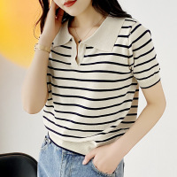 2026夏季新款撞色POIO条纹休闲T恤上衣女韩版宽松V领短袖薄款