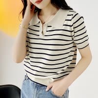 2026夏季新款撞色POIO条纹休闲T恤上衣女韩版宽松V领短袖薄款