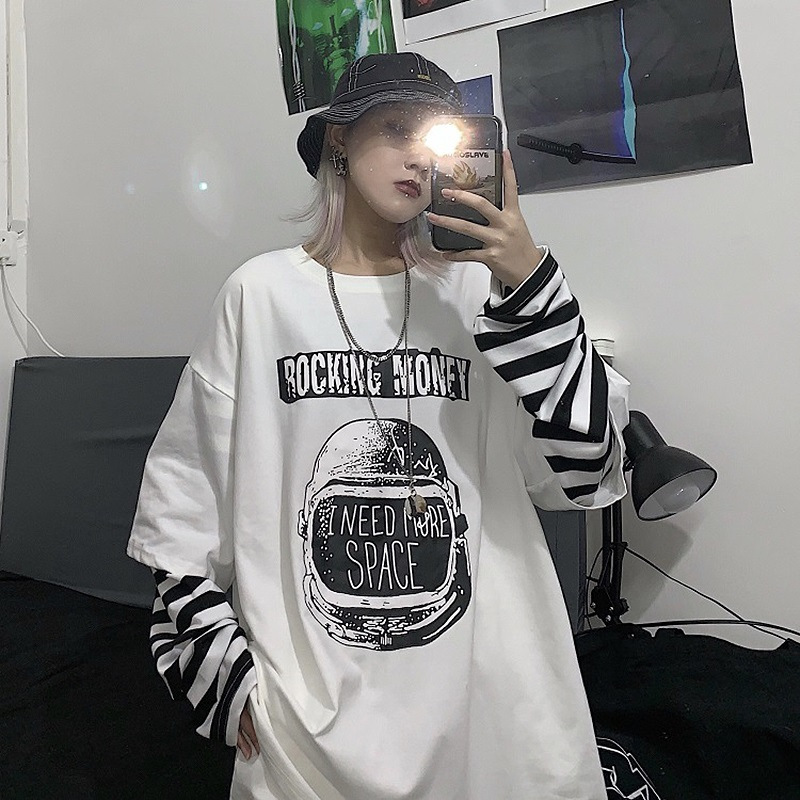 韩版秋季新款宽松假两件条纹长袖T恤女chic港味学生上衣女装