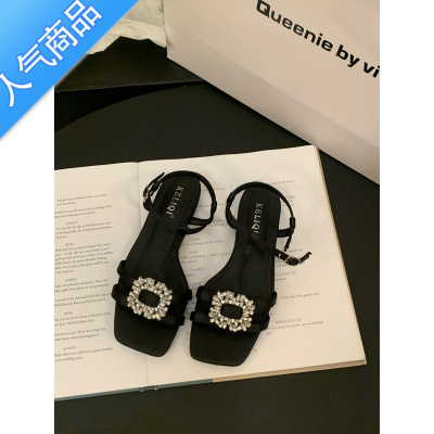 SUNTEK平底水钻法式高级感黑色凉鞋女鞋子2023年新款夏季银色气质罗马鞋