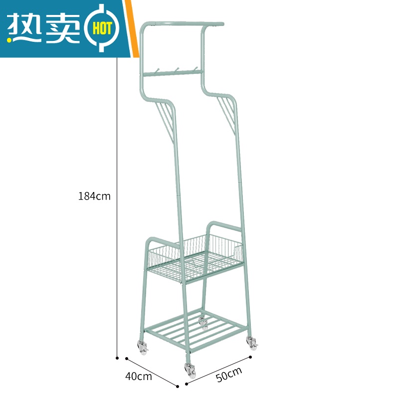 敬平挂衣架落地卧室内衣帽架简易晾衣架带轮推车家用移动收纳置物架 短款[承重稳固]薄荷色+水晶轮