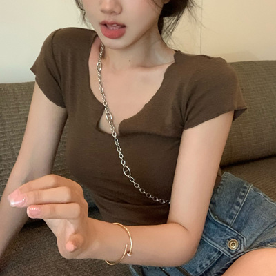 辣妹冰丝螺纹T恤女装纯欲风灰色短款修身露脐打底衫紧身短袖上衣