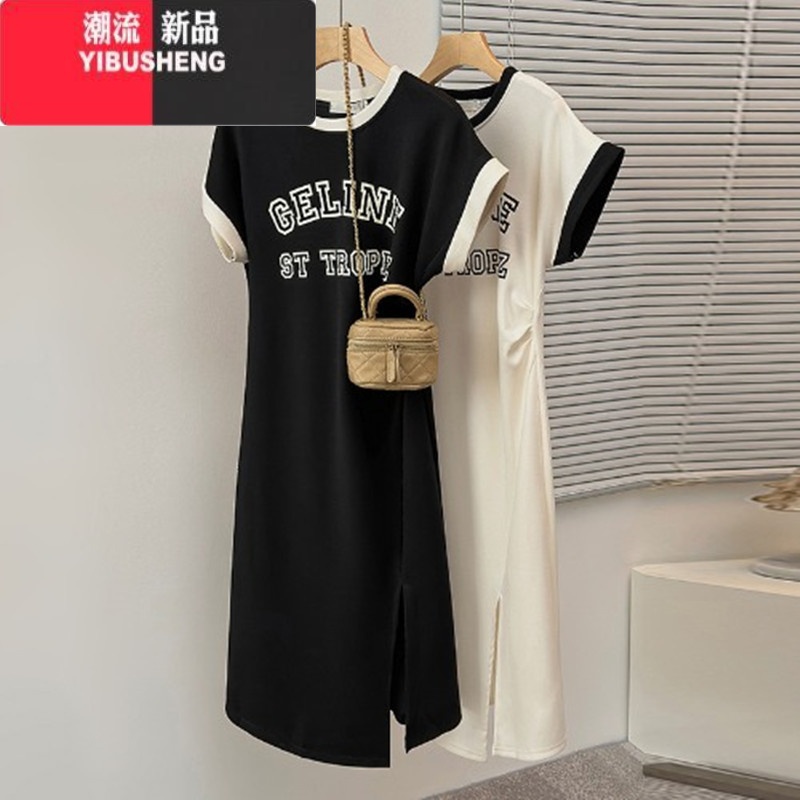 YIBUSHENG大码女装t恤连衣裙小个子季衣服微胖mm收腰显瘦开叉长款裙