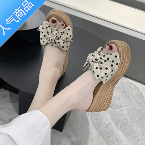 SUNTEK2020年夏季新款防水台高跟蝴蝶结波点时尚沙滩鞋外穿一字凉拖鞋女