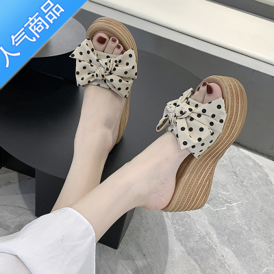SUNTEK2020年夏季新款防水台高跟蝴蝶结波点时尚沙滩鞋外穿一字凉拖鞋女