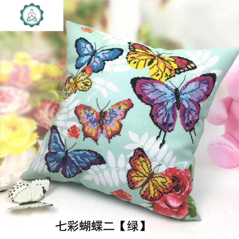 打发时间 十字绣抱枕客厅沙发靠垫清新汽车枕头一对卡通蝴蝶套件 封后