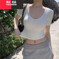 YIBUSHENG美式正肩V领短袖t恤女季2024新款紧身茶艺短款纯欲辣妹低领上衣