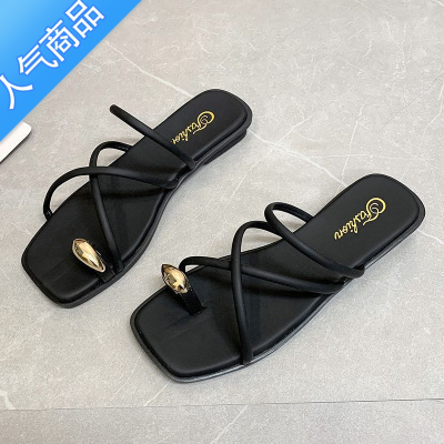 SUNTEK凉拖鞋女夏外穿平底沙滩凉鞋2023新款仙女风配裙子时尚套趾一字拖