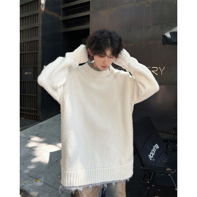 毛衣男春秋季新款痞师假两件针织衫宽松慵懒风情侣白色毛线衣男装