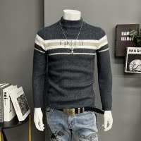 时尚秋冬新款男士圆领毛衣提花半高领休闲潮牌上衣加厚保暖雪尼尔