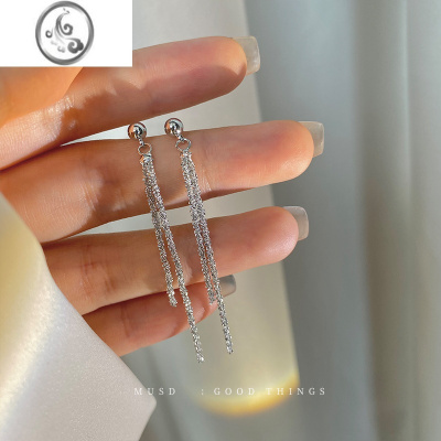 JiMi银色细闪流苏耳环长款耳钉女小众设计感高级耳饰无耳洞蚊香盘耳夹