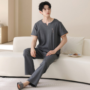 100%纯棉青少年睡衣男士夏季短袖长裤休闲可外穿全棉家居服男套装