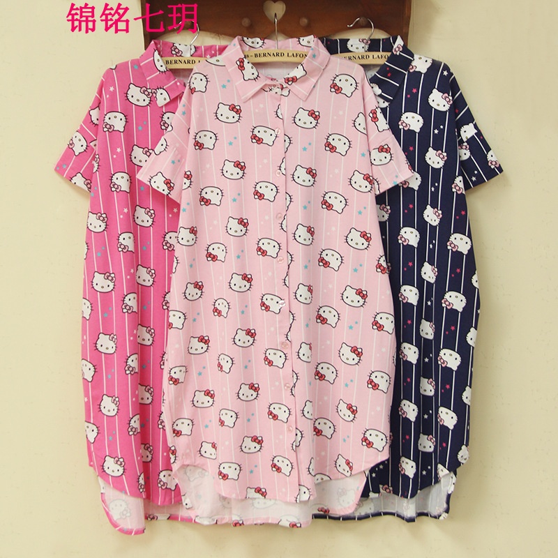 锦铭七玥20夏韩国东大猫印花开衫短袖女睡裙女夏80爱笑