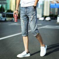 夏季新款男士韩版休闲破洞牛仔短裤青年日系复古牛仔七分裤潮