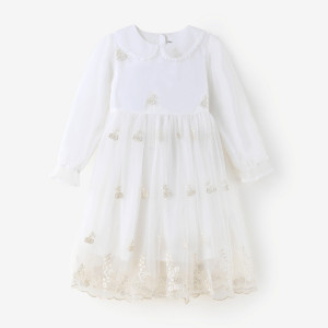 [1件3折]铅笔俱乐部童装2025春装新款女童连衣裙刺绣儿童裙子网纱娃娃领