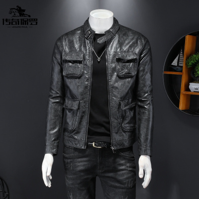传奇保罗（CHUANQIBAOLUO）秋天男士大码5XL新款立领皮衣潮男机车皮衣潮款皮夹克修身外套
