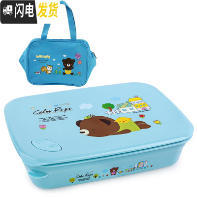 三维工匠韩国304不锈钢便当盒分格 小学生饭盒儿童餐盒带盖保温上班族带饭 四格蓝卡通1620+袋