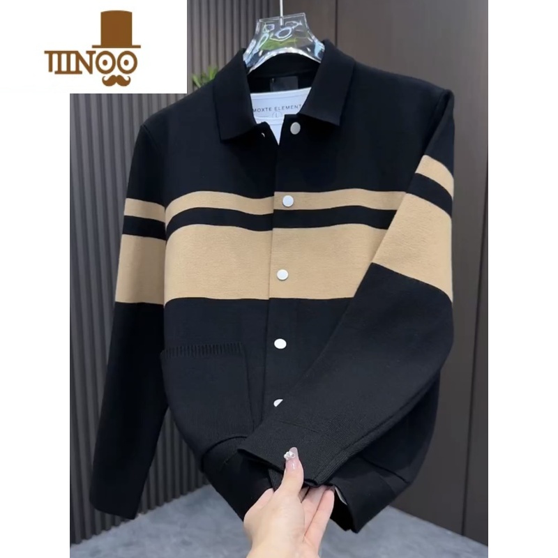 YANXU2023秋季新款男士翻领针织开衫时尚百搭潮流简约上衣个性舒适外套