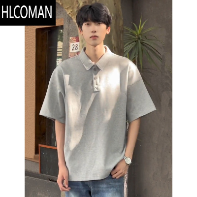 HLCOMAN燕麦灰色美式polo衫男短袖夏季高级感痞帅男装衬衫领五分袖t恤潮