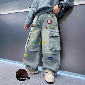 男童加绒牛仔裤新款中大儿童加厚冬装长裤秋冬阔腿工装裤子潮