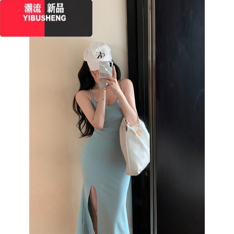 YIBUSHENG性感露背连衣裙女季2024新款法式复古修身显瘦绑带包臀吊带裙子