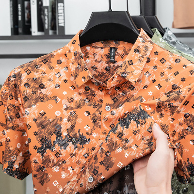 春夏新款男士桑蚕丝短袖衬衫商务休闲免烫垂感翻领通勤百搭款