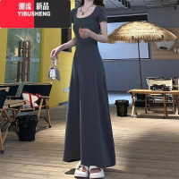 YIBUSHENG高级感灰色收腰显瘦高个子a字连衣裙子女2024新款法式气质长裙