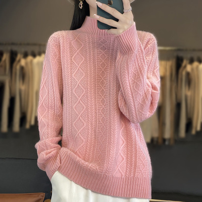 秋冬新款女装半高领针织衫宽松提花套头打底衫纯色加厚毛衣