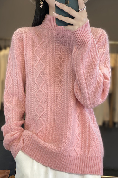 秋冬新款女装半高领针织衫宽松提花套头打底衫纯色加厚毛衣