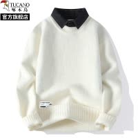 啄木鸟2024秋冬季新款衬衫领假两件毛衣男士加绒针织打底衫线衣服