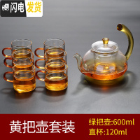 三维工匠玻璃小茶杯带把6只装主人杯功夫茶具耐热家用套装迷你品茗杯 黄把壶套装