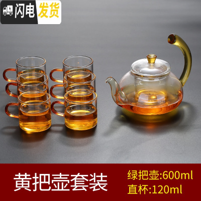 三维工匠玻璃小茶杯带把6只装主人杯功夫茶具耐热家用套装迷你品茗杯 黄把壶套装