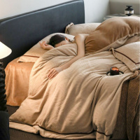 简约宽边工艺花绒牛奶绒四件套珊瑚绒三件套加厚保暖床上用品冬