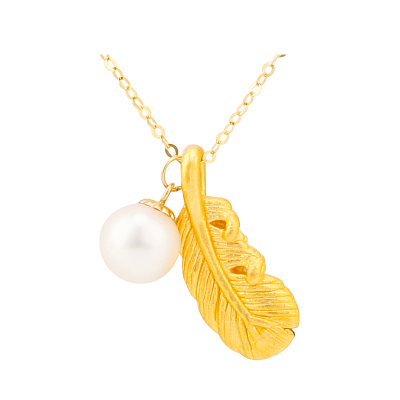 阿玛莎黄金羽毛吊坠3D硬金足金999足金羽毛18K金锁骨珍珠项链送女友首饰黄色