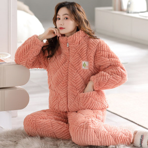 女士三层加厚珊瑚绒夹棉睡衣秋冬季法兰牛奶绒保暖棉袄家居服套装