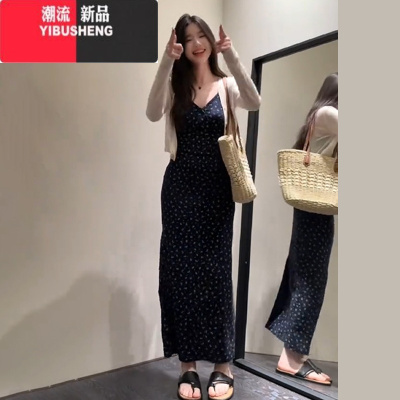 YIBUSHENG茶歇法式碎花吊带连衣裙子女季2024新款收腰显瘦长裙小众设计感