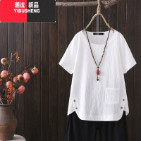 YIBUSHENG棉麻t恤女2024季新款大码洋气宽松复古纯色简约短袖上衣苎麻