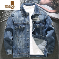 YANXU美式做旧徽章刺绣牛仔夹克男宽松大码潮流复古机车方领外套