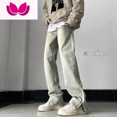 七斓美式黄泥染牛仔裤男春季高街潮牌水洗做旧拉链开叉直筒阔腿长裤子