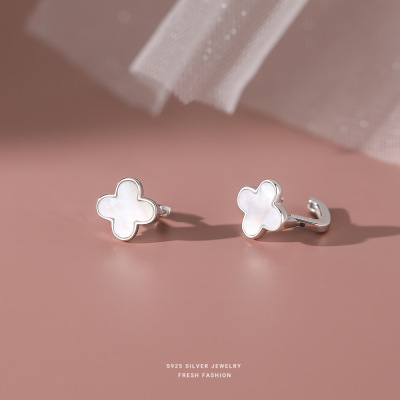 s925纯银贝母四叶草耳钉女简约百搭小众设计网红气质贝壳耳饰批发送女朋友老婆情人节七夕生日礼物